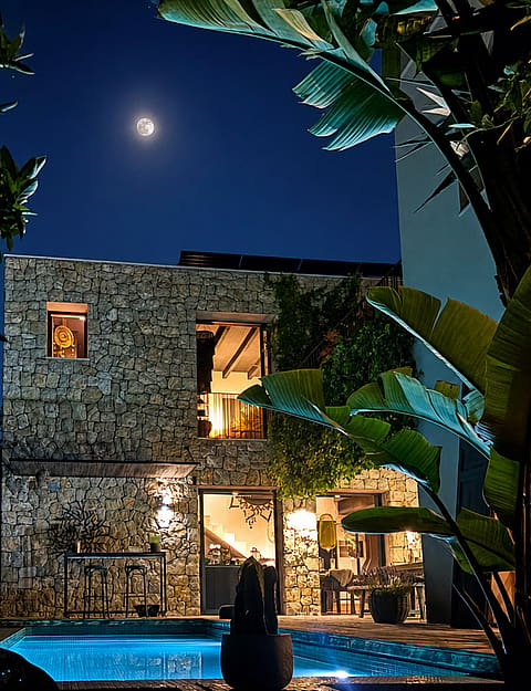 Two-story natural stone villa facade at night, illuminated by interior warm lighting, with a lit rectangular pool in front and tropical foliage in the foreground under a clear moonlit sky.