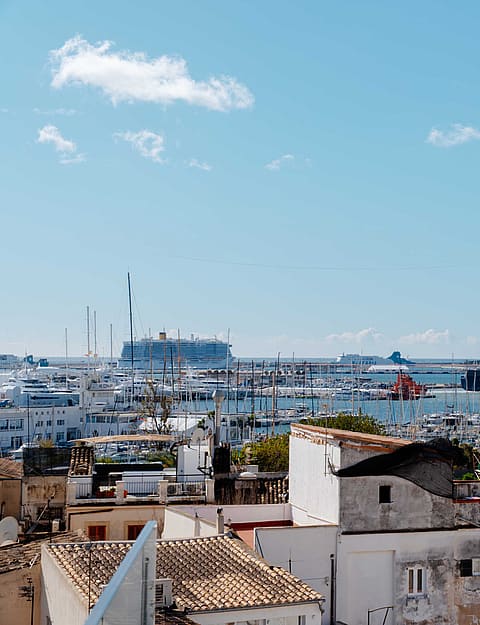 Elevated view overlooking the Santa Catalina neighborhood rooftops towards the marina and industrial port under a clear sky.