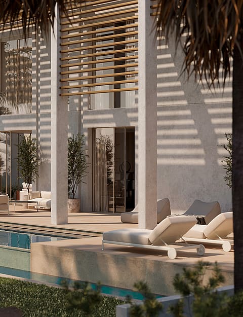 Modern villa facade with wooden sunshades casting linear shadows over a stone terrace and poolside lounging area.