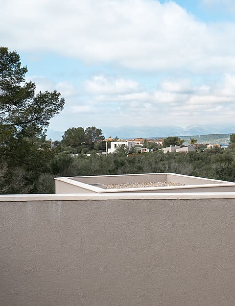 A view from a terrace overlooking a green landscape of olive trees with distant mountains under a cloudy sky.