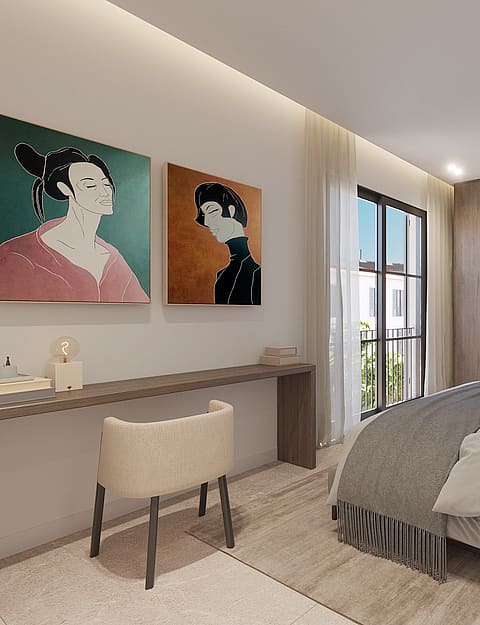 Chambre principale avec tête de lit en bois, linge de lit en lin et tons naturels
