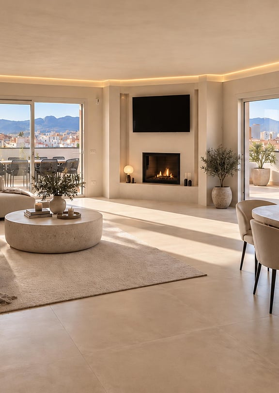 Interior view of an open-plan living area with cream-colored furniture, fireplace, tiled floors, and access to a terrace.