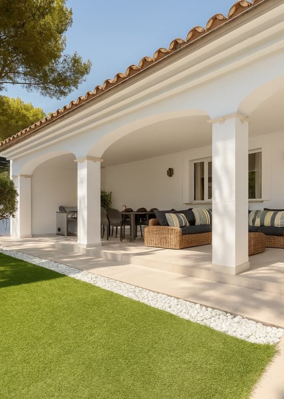 Covered outdoor terrace with white arched columns, dining table and wicker sofa opening onto lawn and mature pines