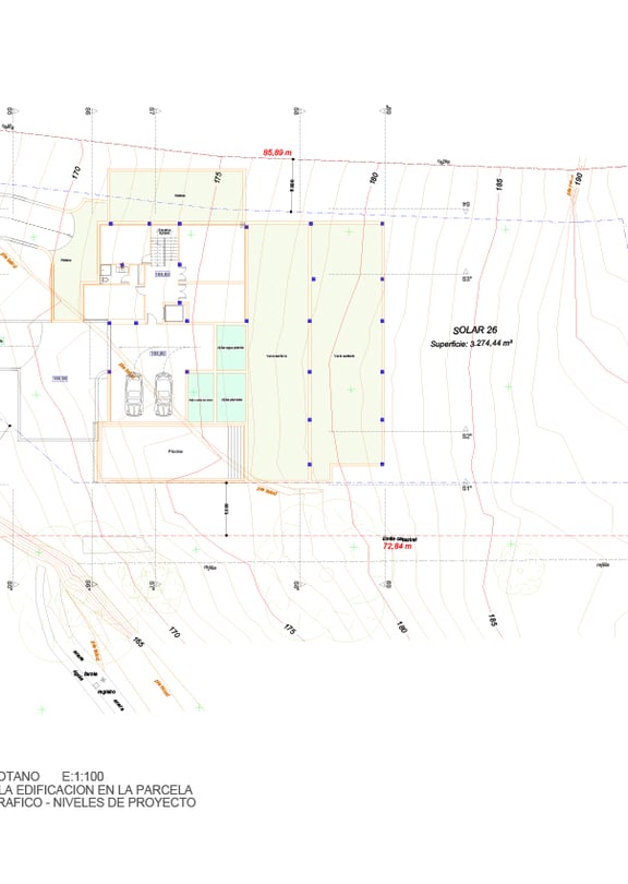 Detailed technical architectural site plan showing the land boundaries, building footprint, and surrounding topography in Son Vida.