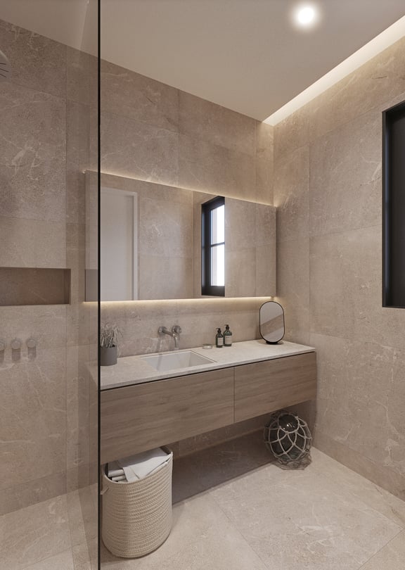 Salle de bain habillée de pierre naturelle avec douche à l'italienne et double vasque en bois
