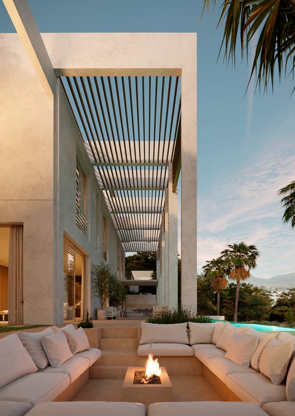 Modern villa exterior with a slatted pergola walkway, sunken fire pit lounge, and pool overlooking distant mountains.