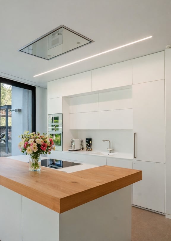 White handleless kitchen with oak-topped island, induction hob and floor-to-ceiling sliding doors to the garden.