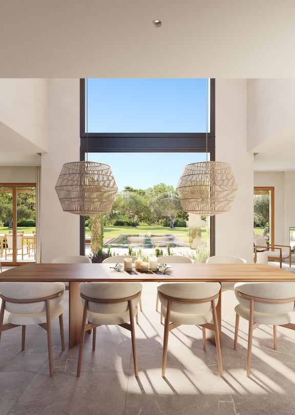 Render of a kitchen island with bar stools, linear pendant light and windows framing garden views