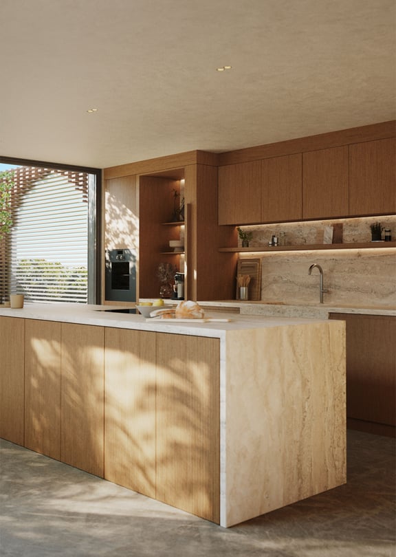 Modern kitchen island with fluted wood front and stone countertop, featuring integrated appliances and soft natural lighting.