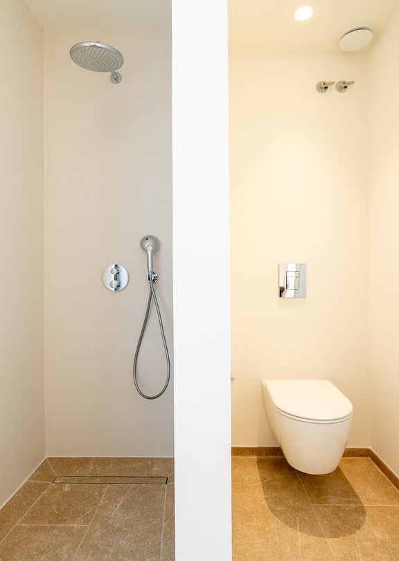 A minimalist bathroom section featuring a wall-mounted toilet and a walk-in shower with chrome fixtures and tiled floors.