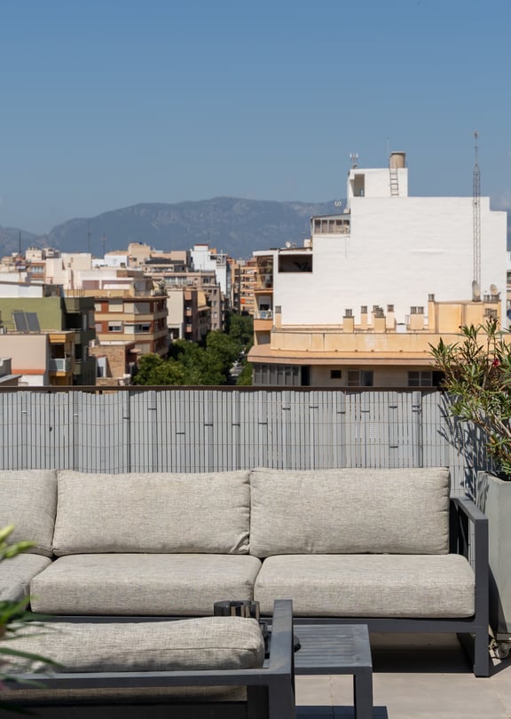 A rooftop terrace featuring a grey sofa, a large potted plant, and a metal privacy screen overlooking the Old Town cityscape.