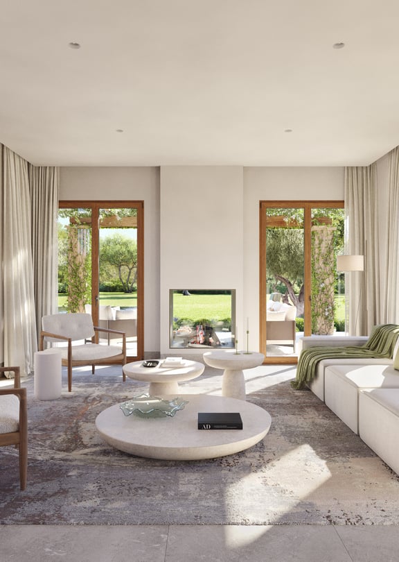 Render of a lounge with modular sofa, armchairs and a double-sided glass fireplace between terrace doors