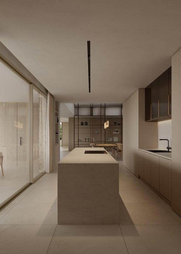 Open-plan kitchen with oak cabinetry and a central island