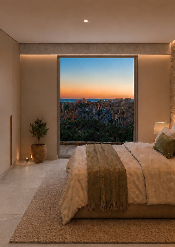 interior of the principal bedroom with views towards the city with morning light