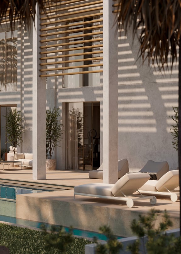 Modern villa facade with wooden sunshades casting linear shadows over a stone terrace and poolside lounging area.