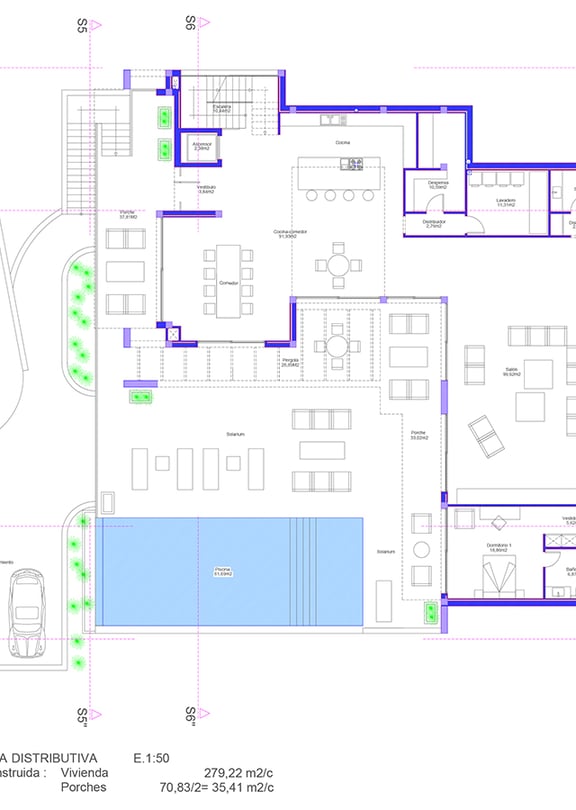 A detailed 2D architectural blueprint showing the ground floor layout, including living spaces, kitchen, and exterior pool area.