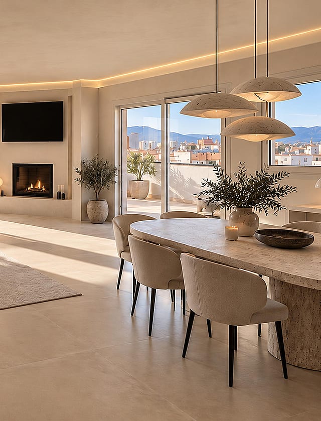 Interior view of an open-plan living area with cream-colored furniture, fireplace, tiled floors, and access to a terrace.