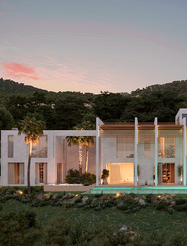 A contemporary two-story white villa featuring vertical privacy louvers and a linear swimming pool at sunset.