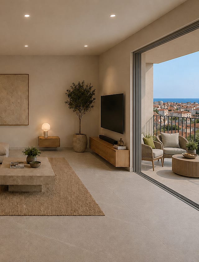 Living room with tv and pocket window doors leading to the outdoor 50 sqm terrace