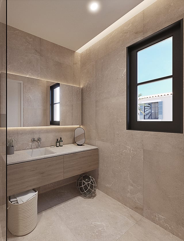 Salle de bain habillée de pierre naturelle avec douche à l'italienne et double vasque en bois