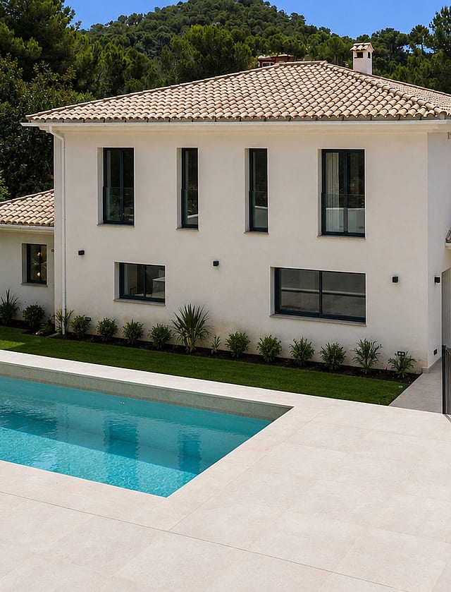 Exterior view of a white villa with clay-tiled roof, rectangular pool, and manicured lawns in Santa Ponsa.