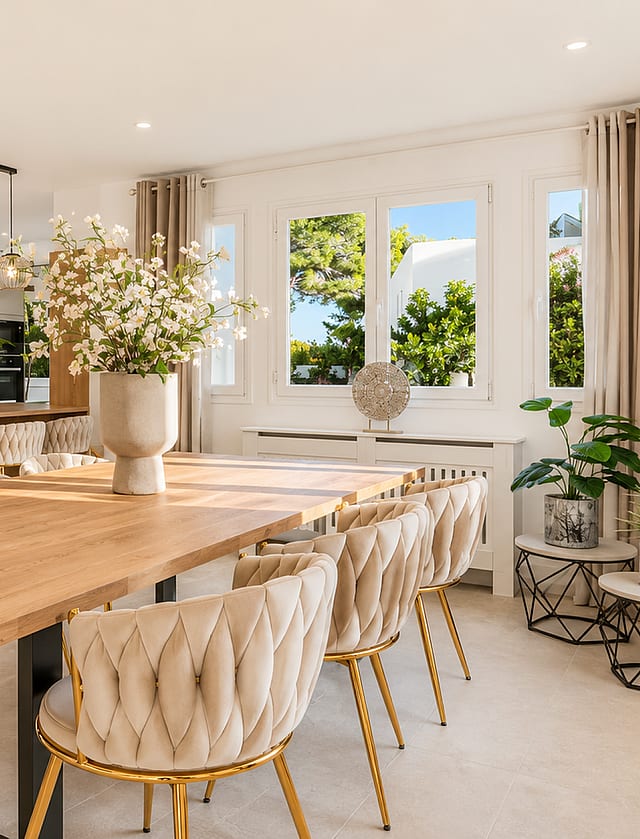 Renovated open-plan kitchen with oak cabinetry, dining table with cream tufted chairs and pendant lights