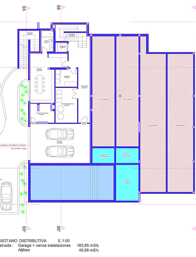 Architectural floor plan of the basement level showing garage space, utility rooms, and large open floor areas.
