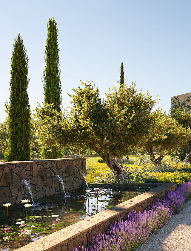 Render of a new-build finca with gabled brick facades, stone base and green-roofed carport pergolas