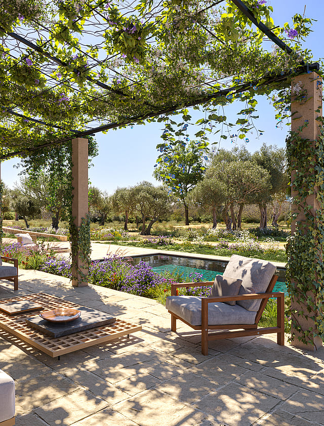 A stone terrace featuring a wooden pergola draped in vines, shaded outdoor seating, and a long swimming pool overlooking trees.