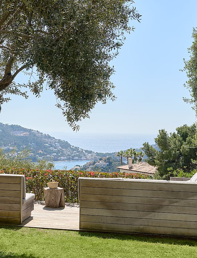 Garden seating beneath a mature olive tree with the sea and coastline beyond