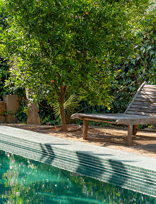 A tiled swimming pool edge next to a wooden lounge chair under citrus trees in a Mediterranean garden setting.