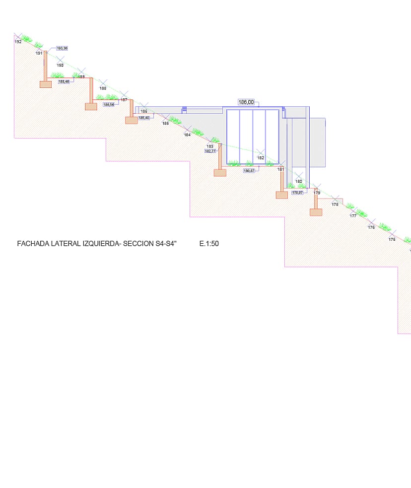 A technical architectural cross-section drawing showing the terraced plot grading and foundation levels for a hillside property.