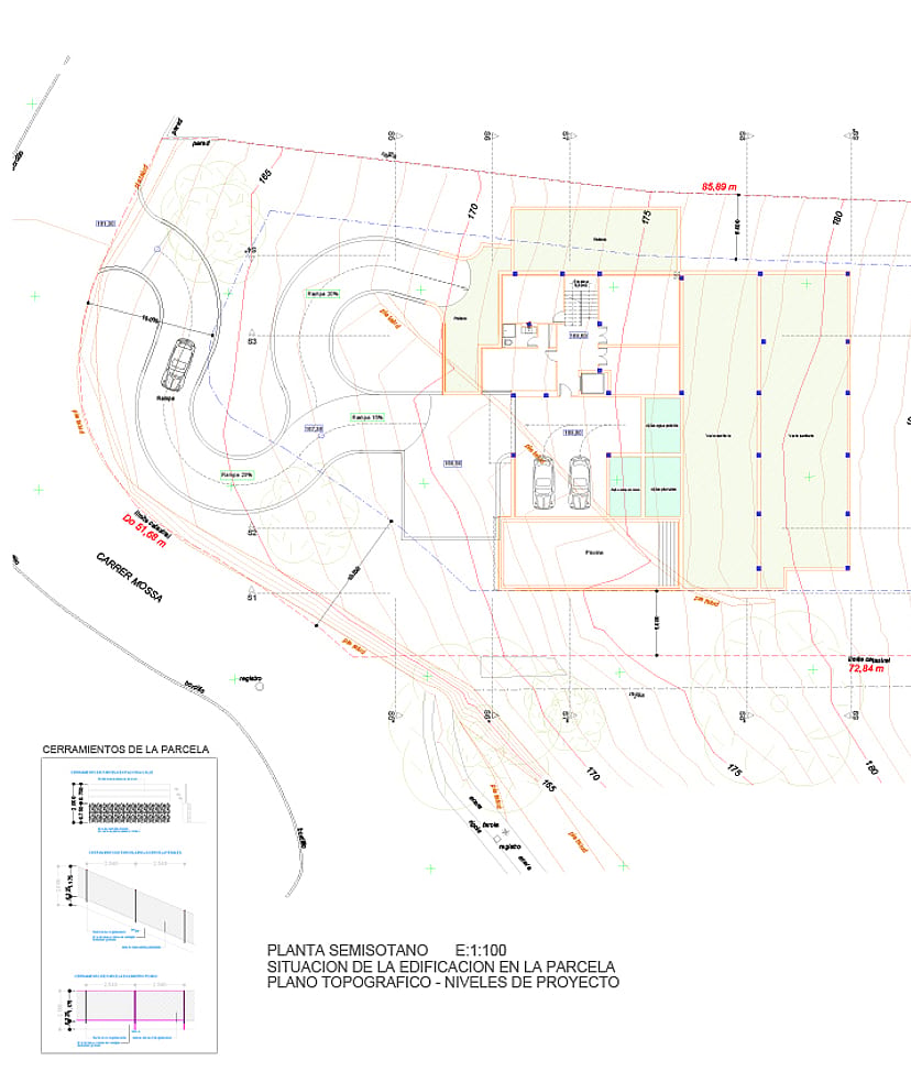 Detailed technical architectural site plan showing the land boundaries, building footprint, and surrounding topography in Son Vida.