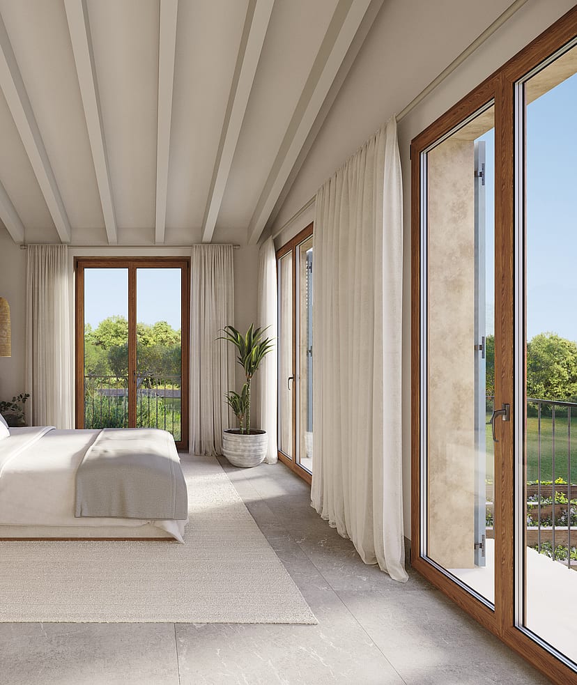 Render of a double bedroom with louvered shutters opening to countryside views