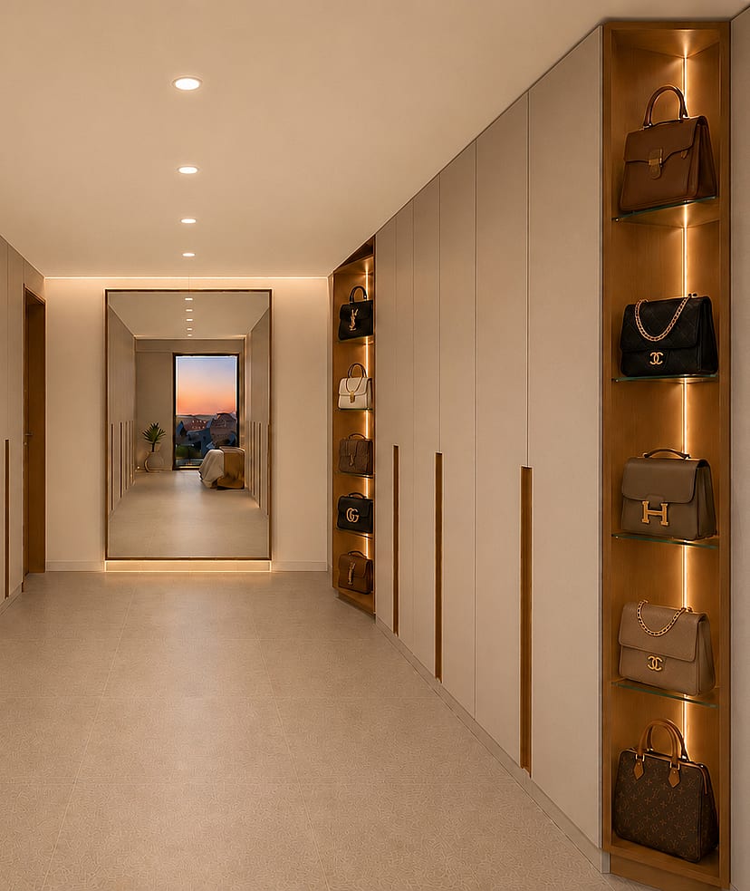 Interior design of walk.in closet from the principal bedroom of Son Dameto apartment Palma