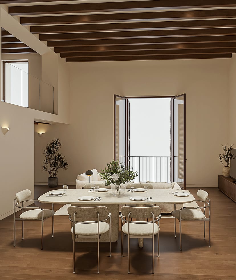 Double-height living and dining room with travertine table, pale sofa, exposed beams, tall balcony doors and an internal mezzanine window high on the wall.