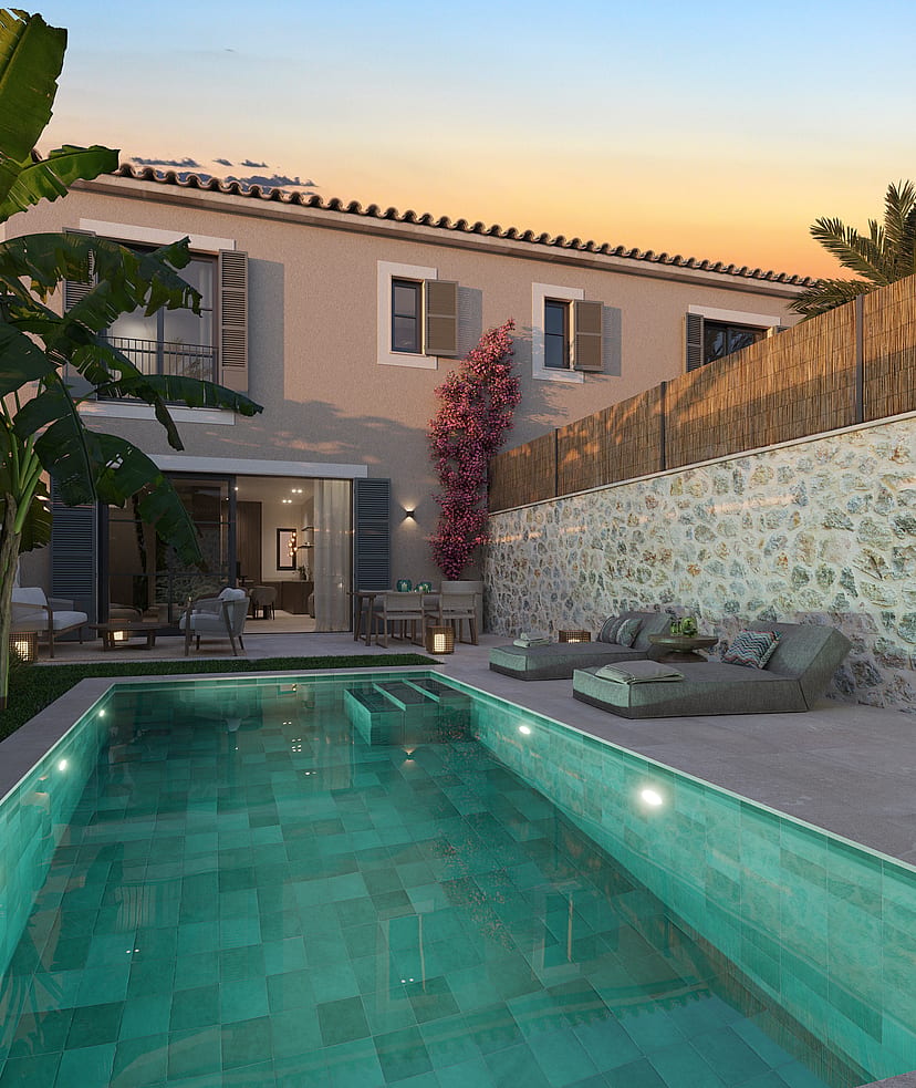 Vue extérieure d'une cour privée avec piscine turquoise, transats et plantes tropicales au crépuscule