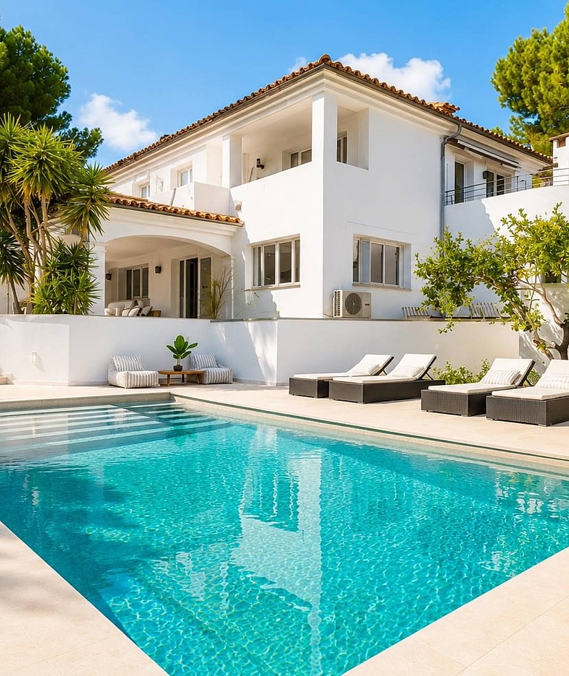 Rear view of a white two-storey villa in Santa Ponsa with rectangular pool, sun loungers and terracotta tile roof