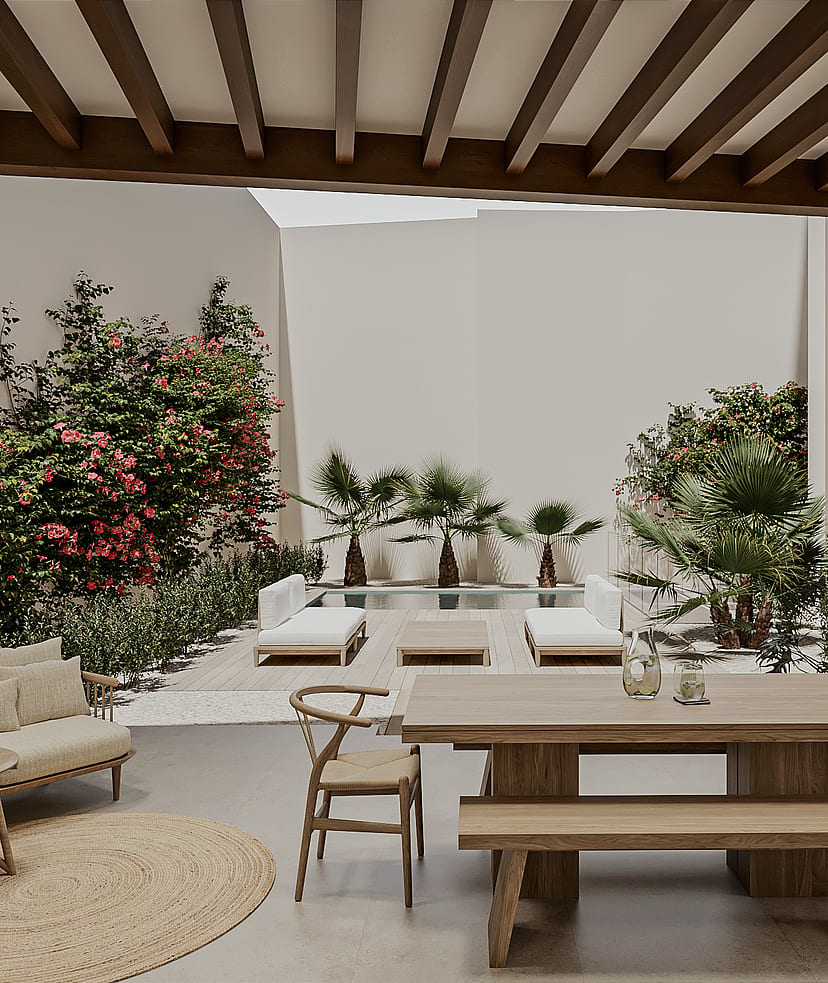 Covered outdoor porch with dining table, lounge seating and a beamed ceiling, opening to a timber deck, planted garden and private pool.
