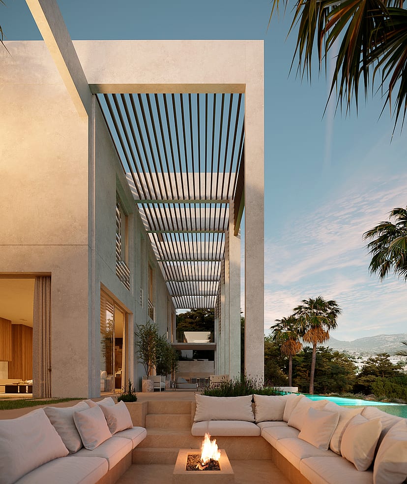 Modern villa exterior with a slatted pergola walkway, sunken fire pit lounge, and pool overlooking distant mountains.