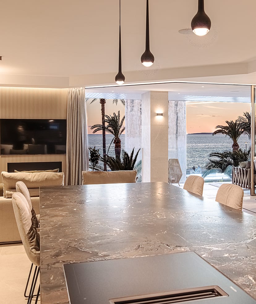 Kitchen island of the designer apartment in Portixol, Palma