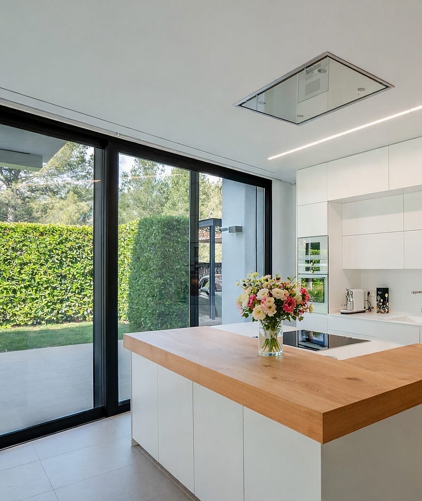 White handleless kitchen with oak-topped island, induction hob and floor-to-ceiling sliding doors to the garden.