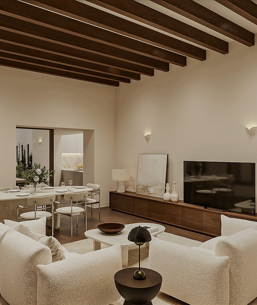 Open living and dining room with pale sofas, oval travertine table, walnut media unit and exposed wooden beams, glazed doors to a terrace and pool.