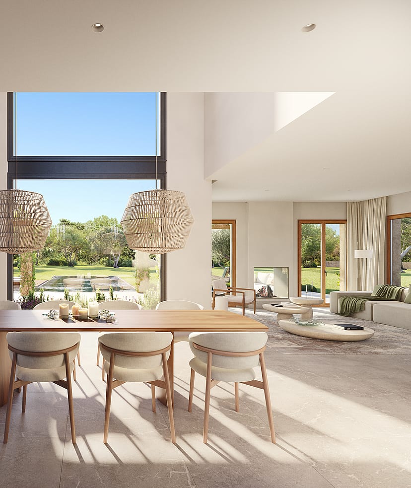 Render of a kitchen island with bar stools, linear pendant light and windows framing garden views