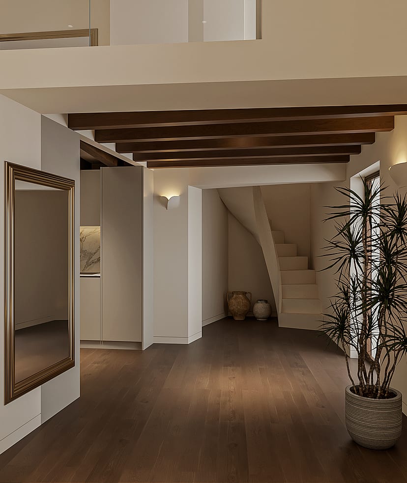 Evening view of a double-height living space with a curved staircase to a mezzanine, exposed wooden beams, oak flooring and a tall potted plant.