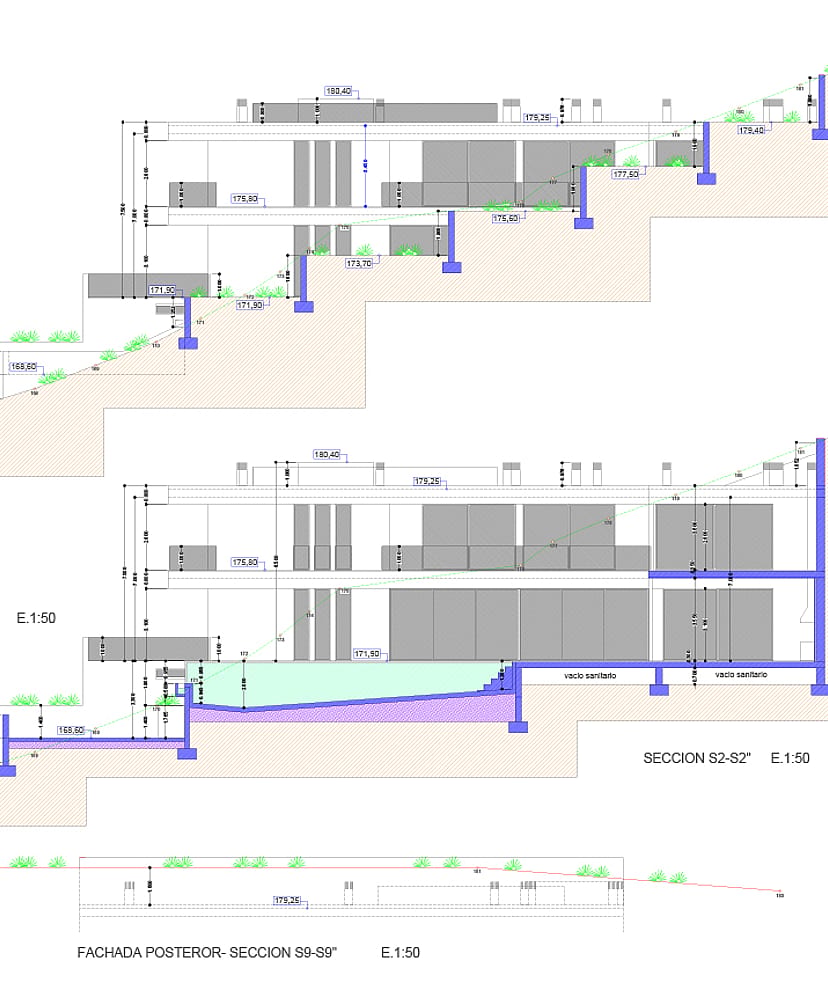 A technical architectural cross-section drawing of a multi-level hillside property, showing structural levels and terrain integration.