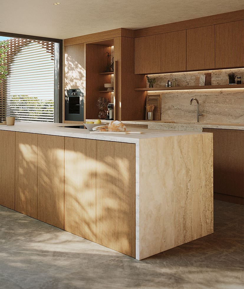 Modern kitchen island with fluted wood front and stone countertop, featuring integrated appliances and soft natural lighting.