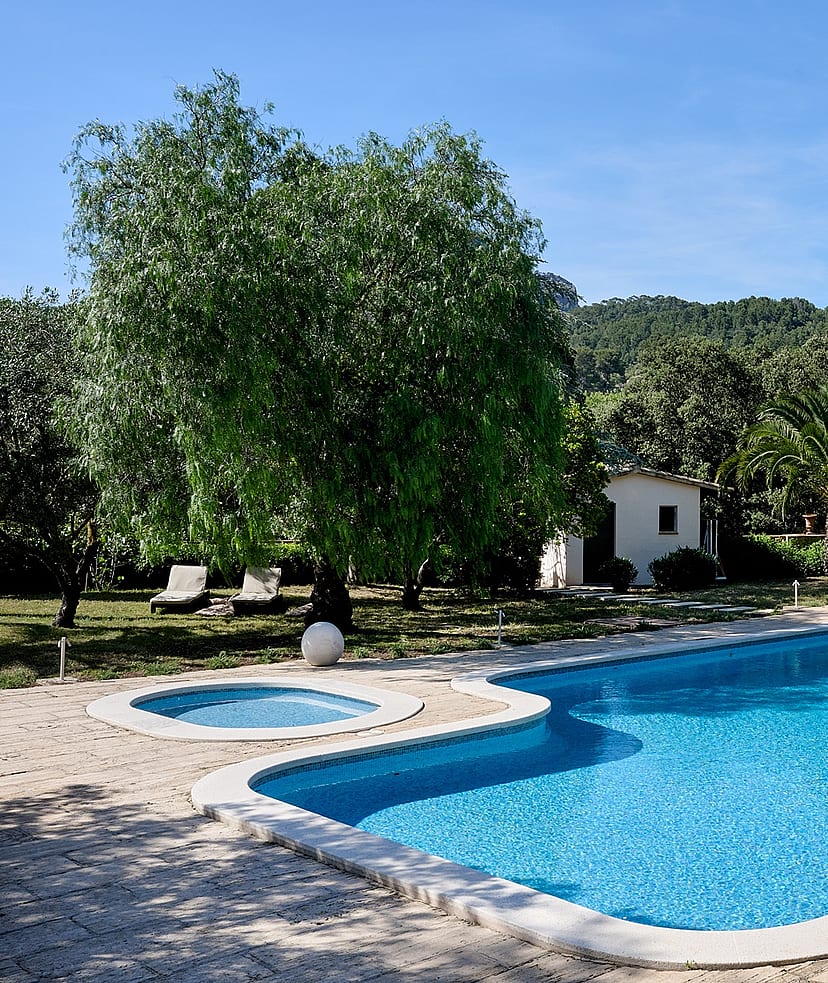 A blue swimming pool with an attached circular spa area, surrounded by a light-colored stone terrace and mature trees against a mountain backdrop.