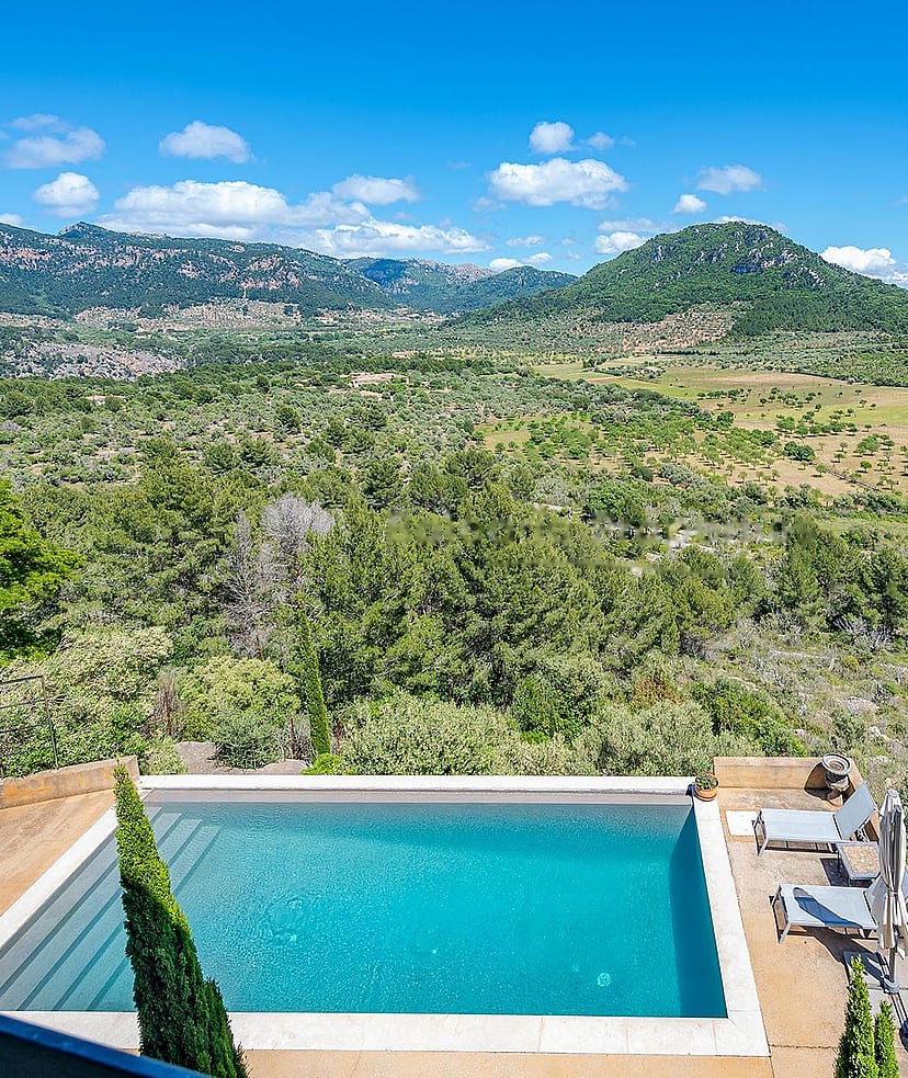 Blue rectangular swimming pool with mountain panorama and native woodland in background
