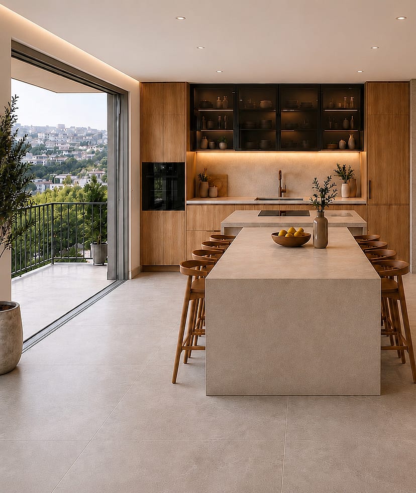 renders of the kitchen island with carpentry and cabinets with an extended sitting dining table
